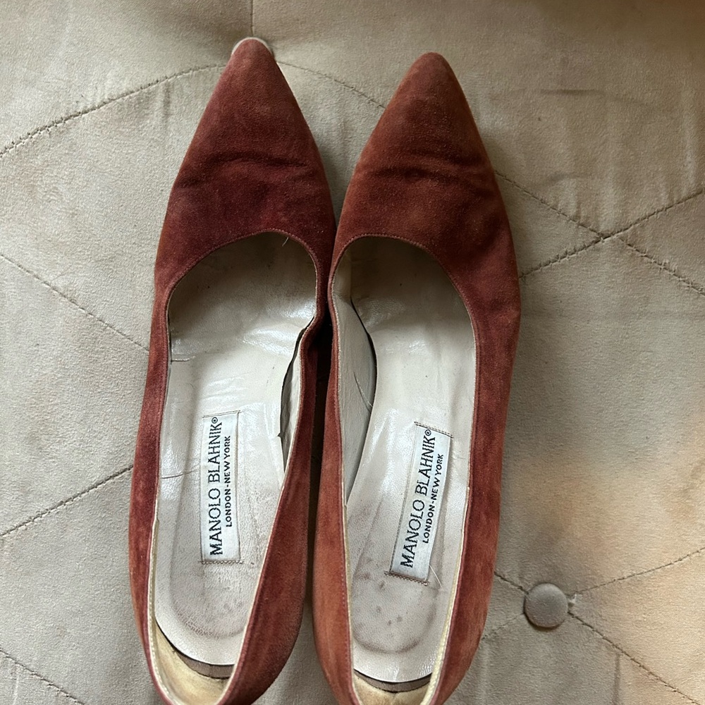 Manolo Blahnik Women’s 39.5 8.5 9 Leather Rust Orange Pump Heels - Picture 4 of 8